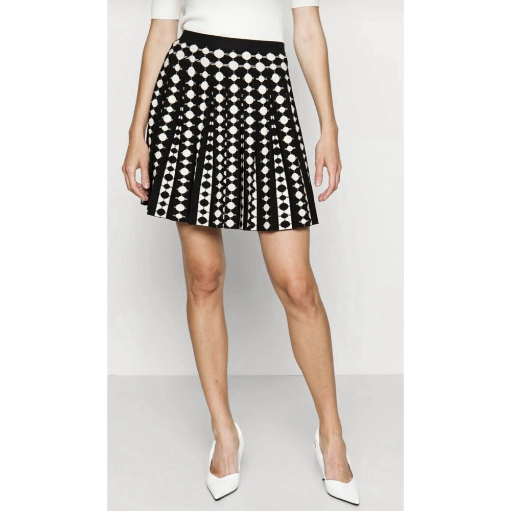 NWT Tory Burch Pleated Polka Dot Jacquard Mini Skirt Black White Size XL